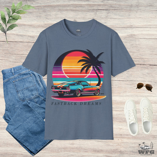 Fastback Dreams: Neon Sunset Classic American Muscle Car T-Shirt Sunset Beach Life Island Travel Tee Retro Surfer Summer Spring Shirt