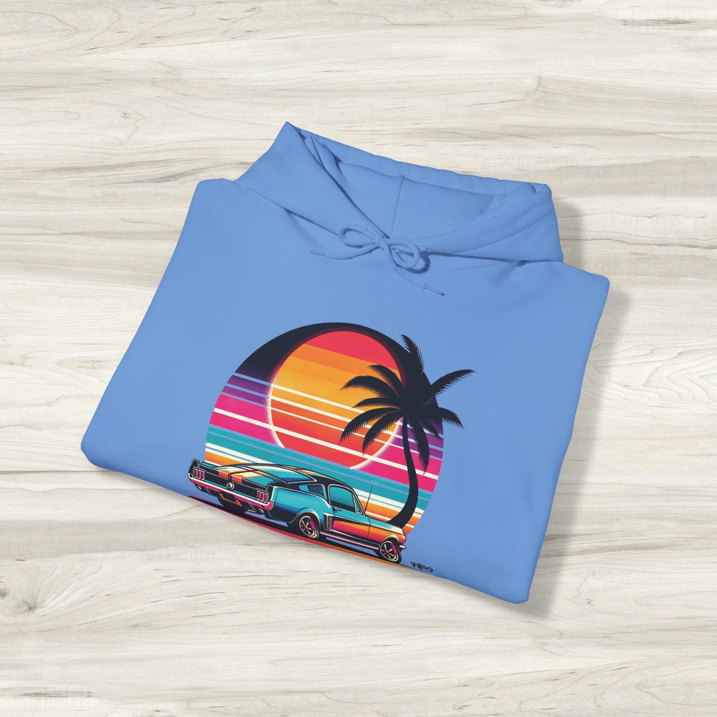 Fastback Dreams: Neon Sunset Classic American Muscle Car Hoodie Sunset Beach Life Island Travel Hooded Sweatshirt