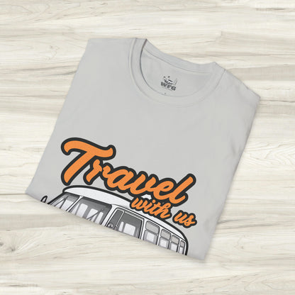 Happy Camper Van T-Shirt - Vintage 'Travel with Us' Road Trip Tee - Retro Van Life Adventure Shirt - Wanderlust Travel Top