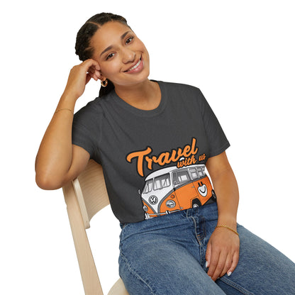 Happy Camper Van T-Shirt - Vintage 'Travel with Us' Road Trip Tee - Retro Van Life Adventure Shirt - Wanderlust Travel Top