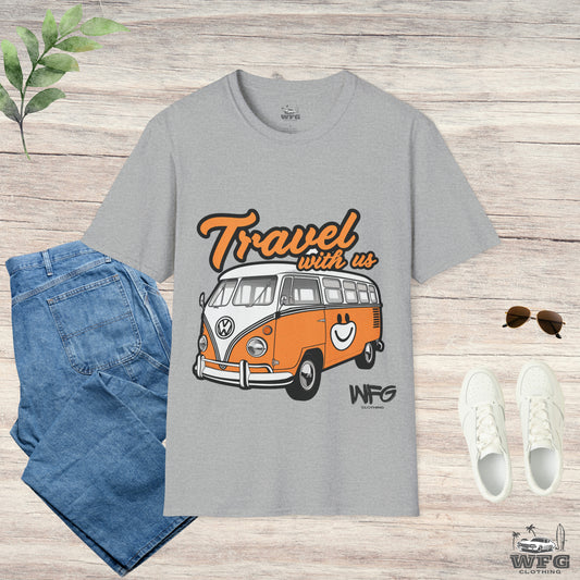 Happy Camper Van T-Shirt - Vintage 'Travel with Us' Road Trip Tee - Retro Van Life Adventure Shirt - Wanderlust Travel Top