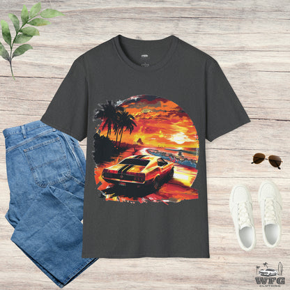 Sunset Roadster T-Shirt - Retro Muscle Car Beach Vibes Tee - Vibrant Surfside Classic Car Graphic Shirt