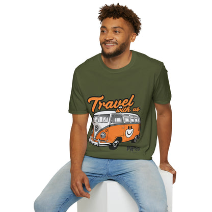 Happy Camper Van T-Shirt - Vintage 'Travel with Us' Road Trip Tee - Retro Van Life Adventure Shirt - Wanderlust Travel Top