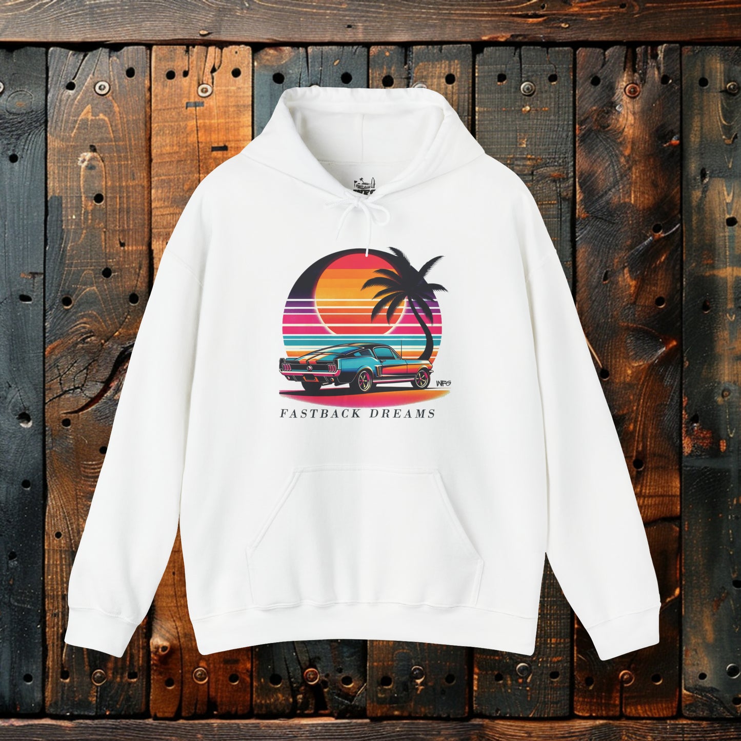 Fastback Dreams: Neon Sunset Classic American Muscle Car Hoodie Sunset Beach Life Island Travel Hooded Sweatshirt