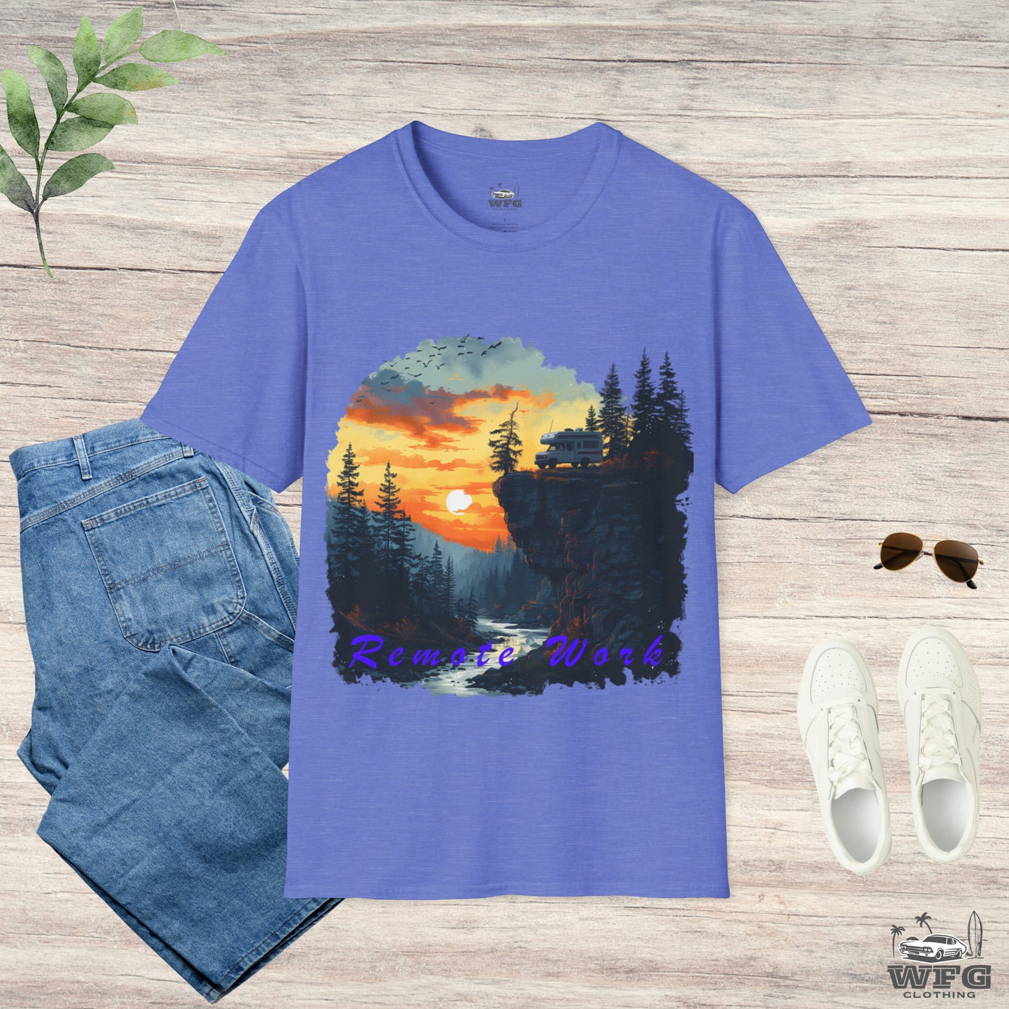 Remote Work Paradise T-Shirt - Wilderness Camper Van Sunset Tee - Digital Nomad Nature Office Shirt