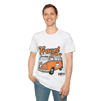 Happy Camper Van T-Shirt - Vintage 'Travel with Us' Road Trip Tee - Retro Van Life Adventure Shirt - Wanderlust Travel Top