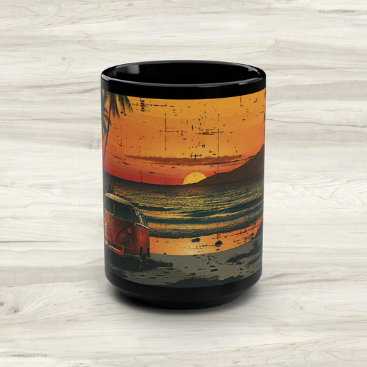 VW Bus Van Sunset Beach Black Mug, 15oz Coffee Drink Summer Time