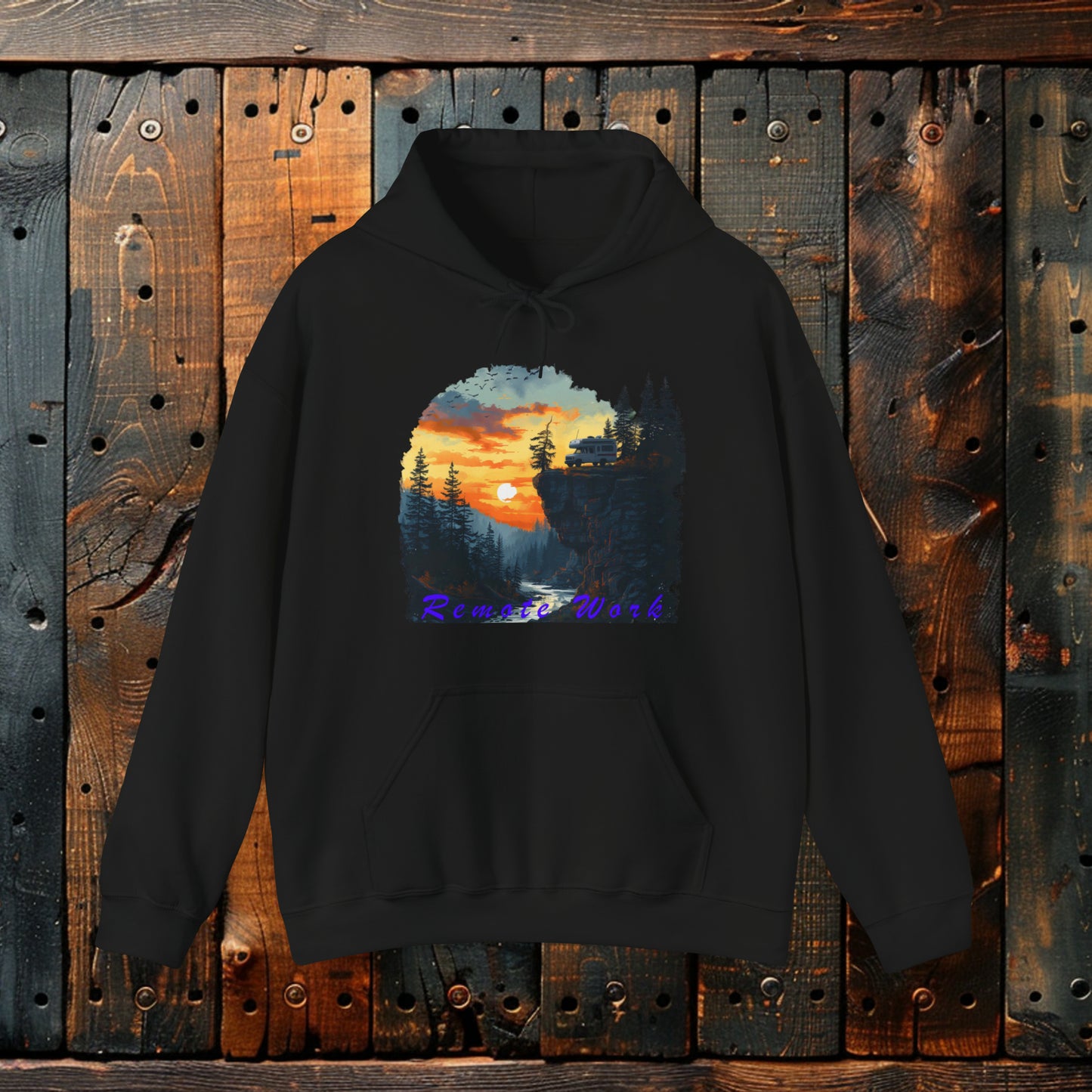 Remote Work Paradise  Hoodie - Wilderness Camper Van Sunset Hooded Sweatshirt