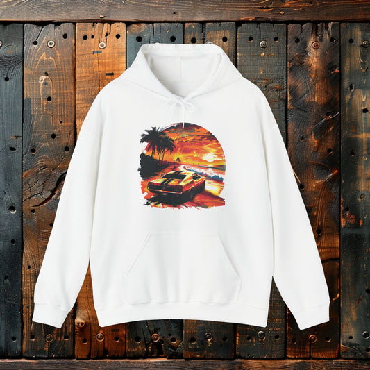 Sunset Roadster Paradise  Hoodie - Retro Muscle Car Beach Vibes Hooded Sweatshirt