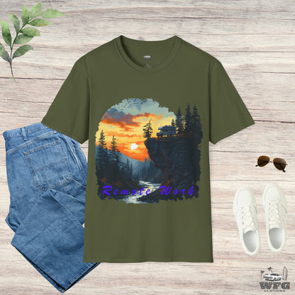 Remote Work Paradise T-Shirt - Wilderness Camper Van Sunset Tee - Digital Nomad Nature Office Shirt