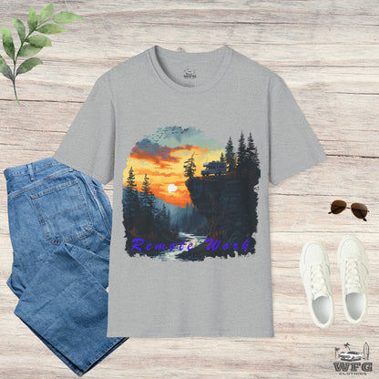 Remote Work Paradise T-Shirt - Wilderness Camper Van Sunset Tee - Digital Nomad Nature Office Shirt