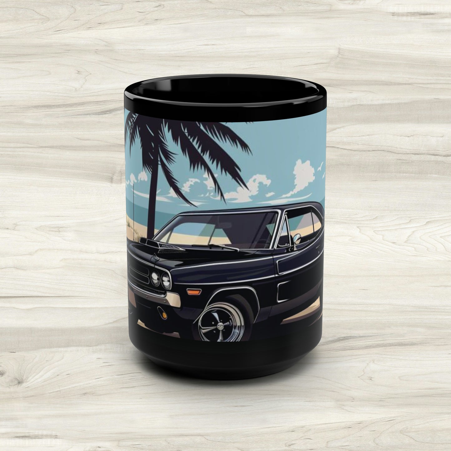 Classic Muscle Car Beach Cruise Black Mug, 15oz Coffee Tea Drink Summer Time