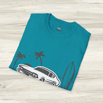 WFG Surf & Turf Muscle Car Beach Tee, Classic Muscle Car Chevelle T-Shirt Summer Fun Surfer Lifestyle