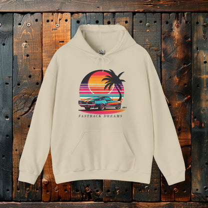 Fastback Dreams: Neon Sunset Classic American Muscle Car Hoodie Sunset Beach Life Island Travel Hooded Sweatshirt