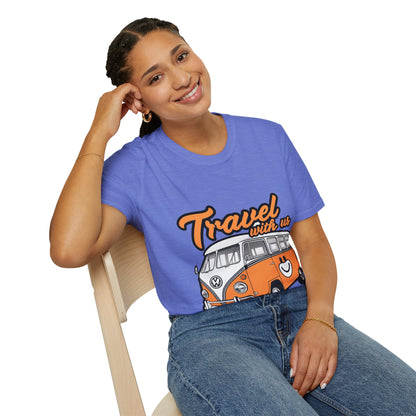 Happy Camper Van T-Shirt - Vintage 'Travel with Us' Road Trip Tee - Retro Van Life Adventure Shirt - Wanderlust Travel Top