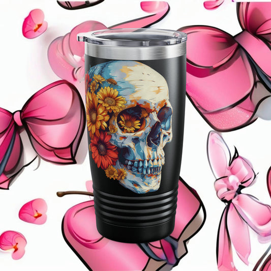 Vivid Blossoms and Bone Ringneck Tumbler, 20oz Flowers and Skull Colorful Art Drinkware