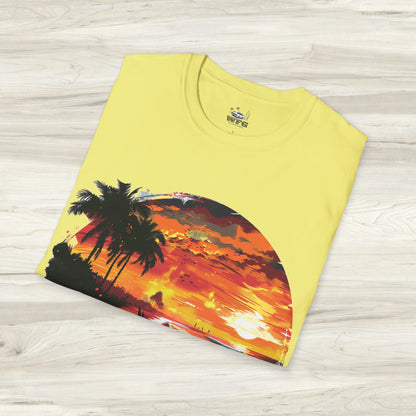 Sunset Roadster T-Shirt - Retro Muscle Car Beach Vibes Tee - Vibrant Surfside Classic Car Graphic Shirt