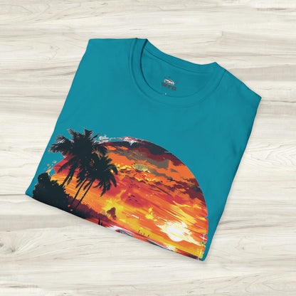 Sunset Roadster T-Shirt - Retro Muscle Car Beach Vibes Tee - Vibrant Surfside Classic Car Graphic Shirt