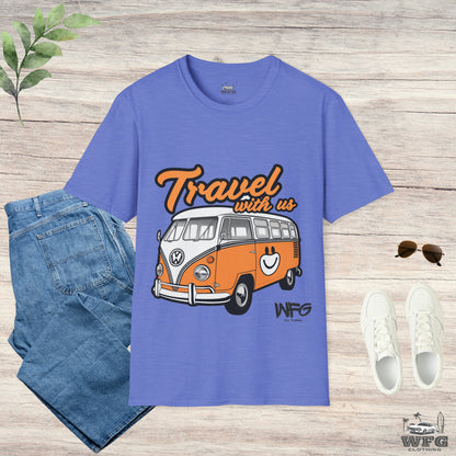 Happy Camper Van T-Shirt - Vintage 'Travel with Us' Road Trip Tee - Retro Van Life Adventure Shirt - Wanderlust Travel Top