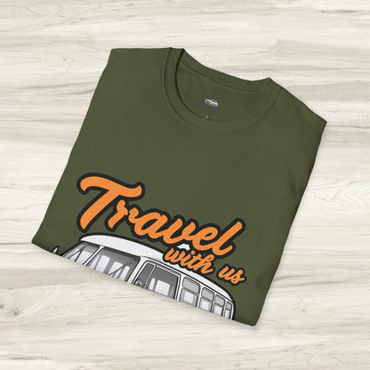 Happy Camper Van T-Shirt - Vintage 'Travel with Us' Road Trip Tee - Retro Van Life Adventure Shirt - Wanderlust Travel Top