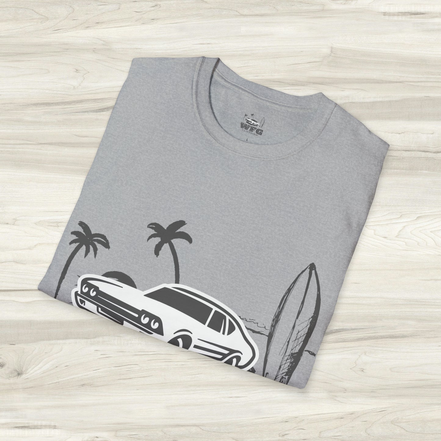 WFG Surf & Turf Muscle Car Beach Tee, Classic Muscle Car Chevelle T-Shirt Summer Fun Surfer Lifestyle