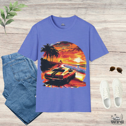 Sunset Roadster T-Shirt - Retro Muscle Car Beach Vibes Tee - Vibrant Surfside Classic Car Graphic Shirt