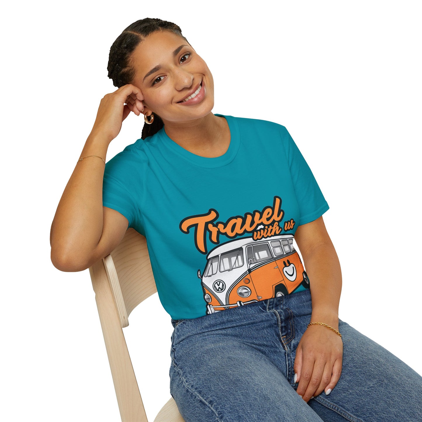 Happy Camper Van T-Shirt - Vintage 'Travel with Us' Road Trip Tee - Retro Van Life Adventure Shirt - Wanderlust Travel Top