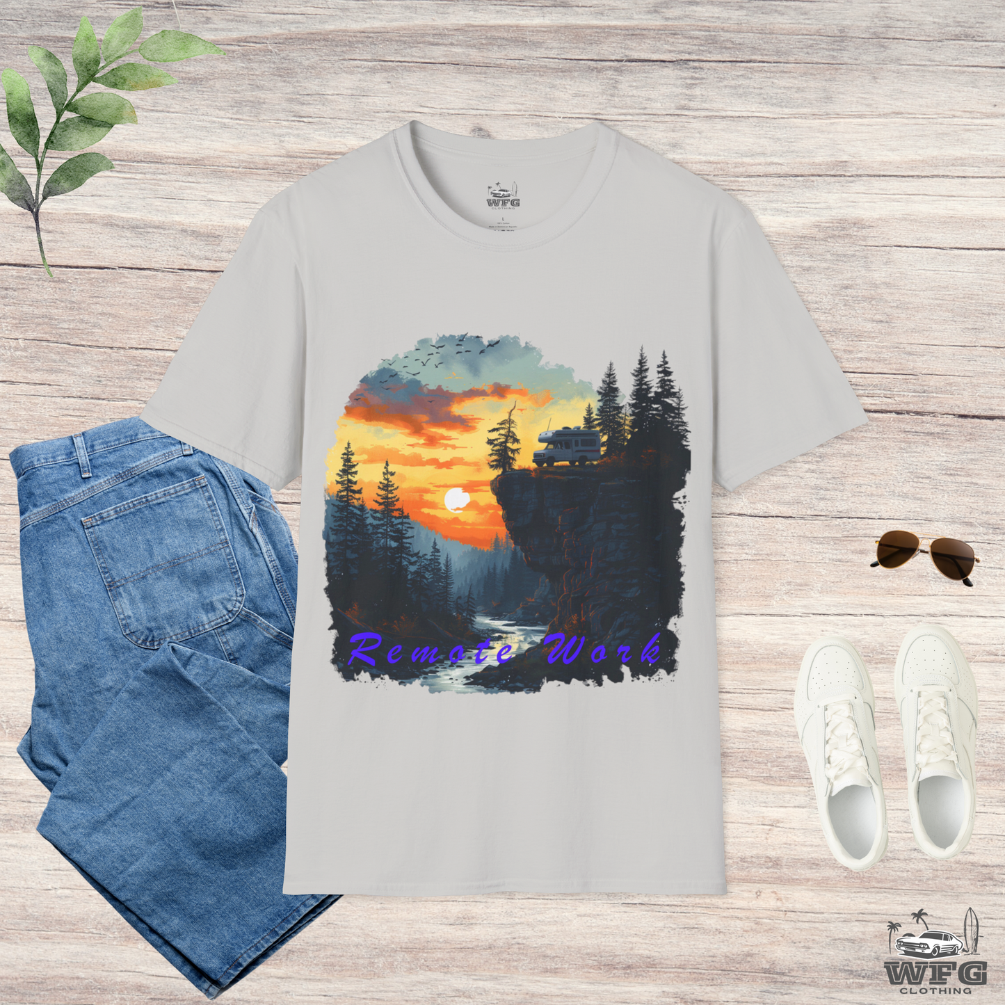 Remote Work Paradise T-Shirt - Wilderness Camper Van Sunset Tee - Digital Nomad Nature Office Shirt