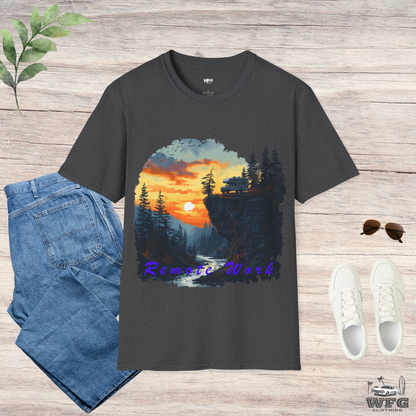 Remote Work Paradise T-Shirt - Wilderness Camper Van Sunset Tee - Digital Nomad Nature Office Shirt