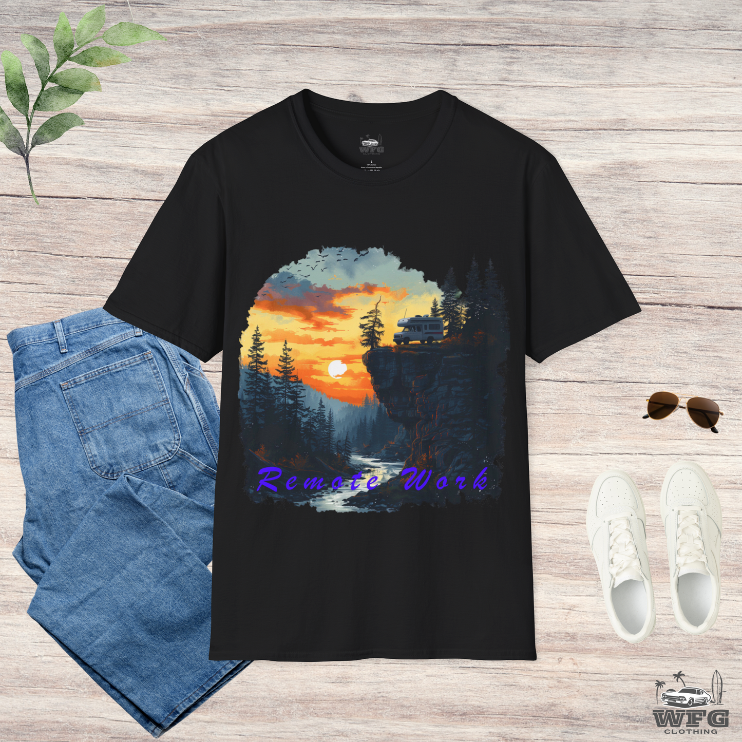 Remote Work Paradise T-Shirt - Wilderness Camper Van Sunset Tee - Digital Nomad Nature Office Shirt