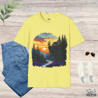 Remote Work Paradise T-Shirt - Wilderness Camper Van Sunset Tee - Digital Nomad Nature Office Shirt