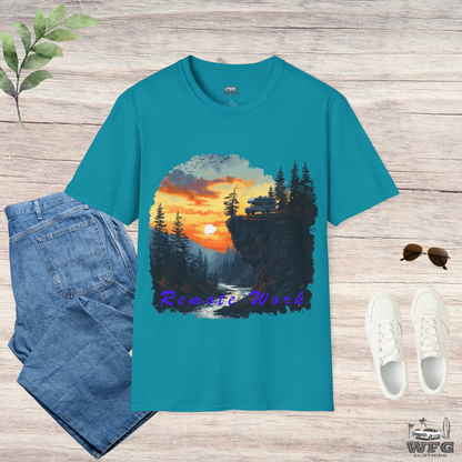 Remote Work Paradise T-Shirt - Wilderness Camper Van Sunset Tee - Digital Nomad Nature Office Shirt