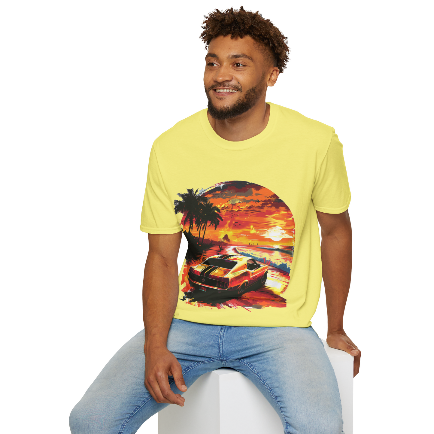 Sunset Roadster T-Shirt - Retro Muscle Car Beach Vibes Tee - Vibrant Surfside Classic Car Graphic Shirt