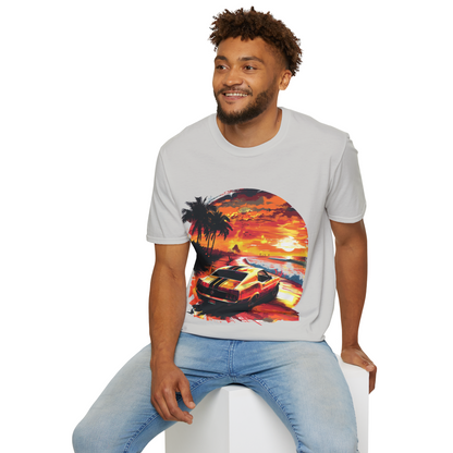 Sunset Roadster T-Shirt - Retro Muscle Car Beach Vibes Tee - Vibrant Surfside Classic Car Graphic Shirt