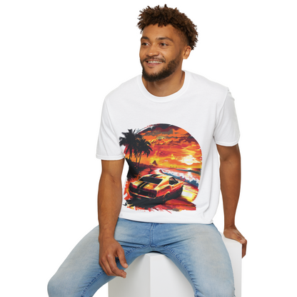 Sunset Roadster T-Shirt - Retro Muscle Car Beach Vibes Tee - Vibrant Surfside Classic Car Graphic Shirt