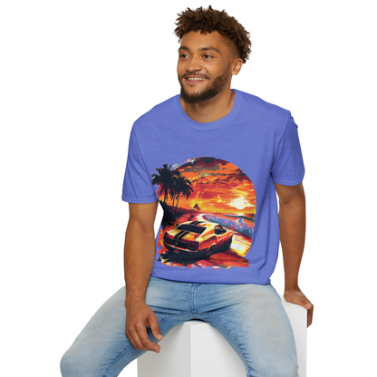 Sunset Roadster T-Shirt - Retro Muscle Car Beach Vibes Tee - Vibrant Surfside Classic Car Graphic Shirt