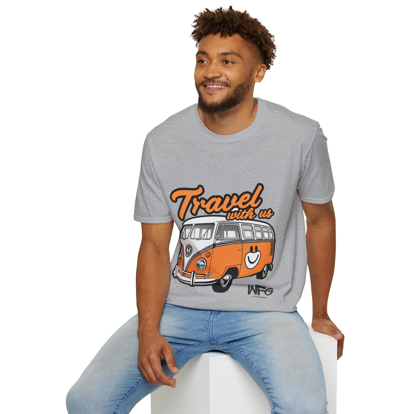 Happy Camper Van T-Shirt - Vintage 'Travel with Us' Road Trip Tee - Retro Van Life Adventure Shirt - Wanderlust Travel Top