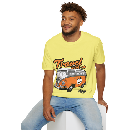 Happy Camper Van T-Shirt - Vintage 'Travel with Us' Road Trip Tee - Retro Van Life Adventure Shirt - Wanderlust Travel Top