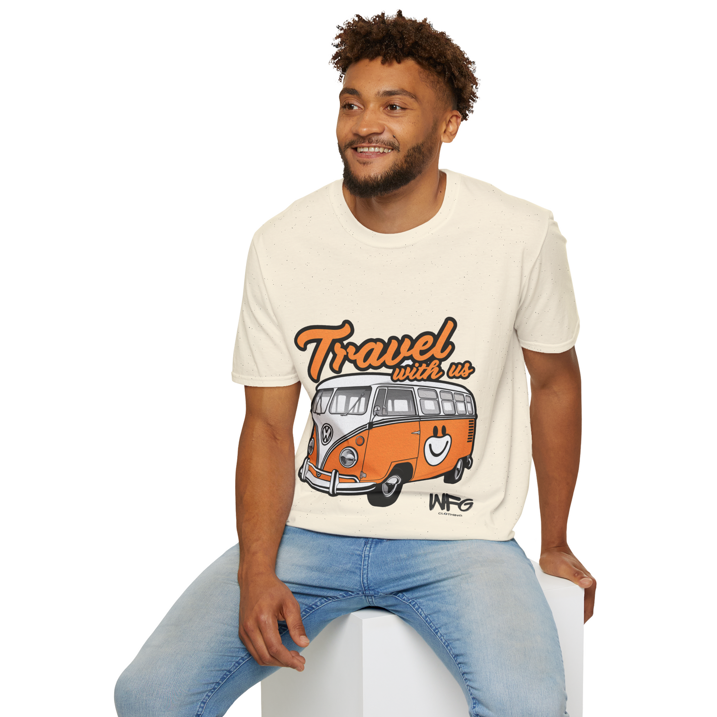 Happy Camper Van T-Shirt - Vintage 'Travel with Us' Road Trip Tee - Retro Van Life Adventure Shirt - Wanderlust Travel Top