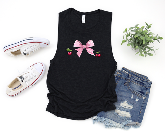 Coquette Tank Top Cute Pink Bow & Cherries Women's Relaxed Flowy Scoop Fit Multiple Colors Available