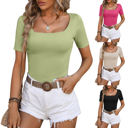 Summer Woman Square-neck Ribbed Bottoming Shirt Short-sleeved Top